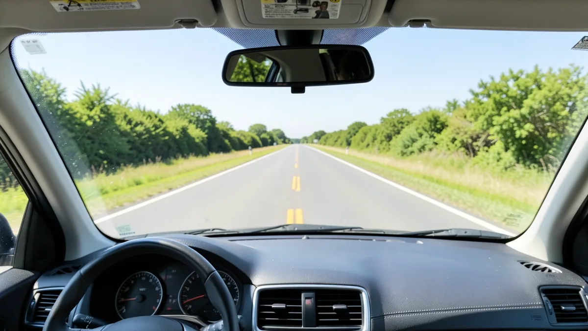 Driver view through a car windshield showing the clear central area that must stay free of decals