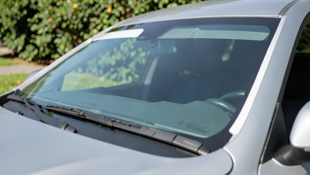 Driver view through a car windshield showing the clear central area that must stay free of decals