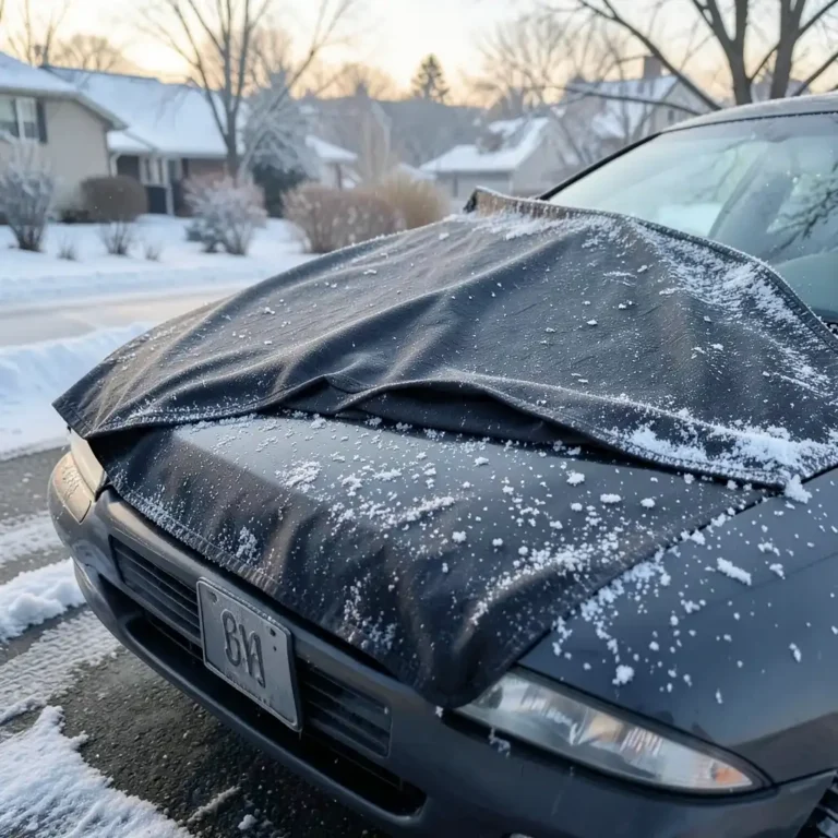 Black windshield frost cover installed on a car during a snowy winter morning