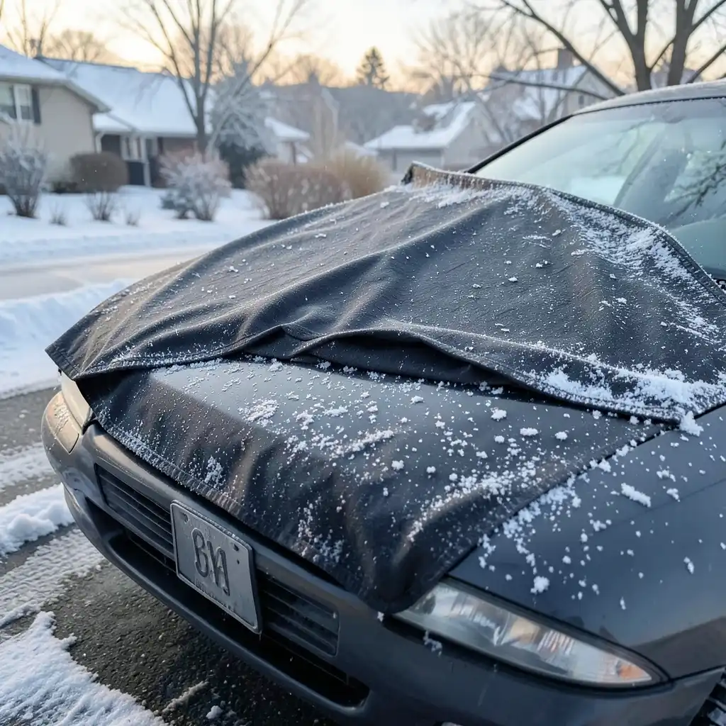 Black windshield frost cover installed on a car during a snowy winter morning