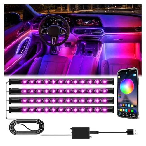 Winzwon RGB LED light strips glowing pink and purple across a car dashboard and footwells, controlled by a smartphone app