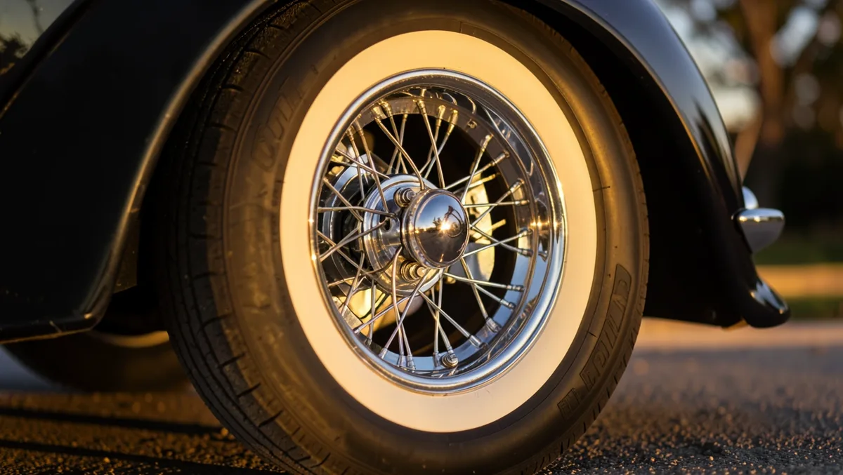 Close-up of a chrome wire spoke wheel with whitewall tire on a classic car at golden hour