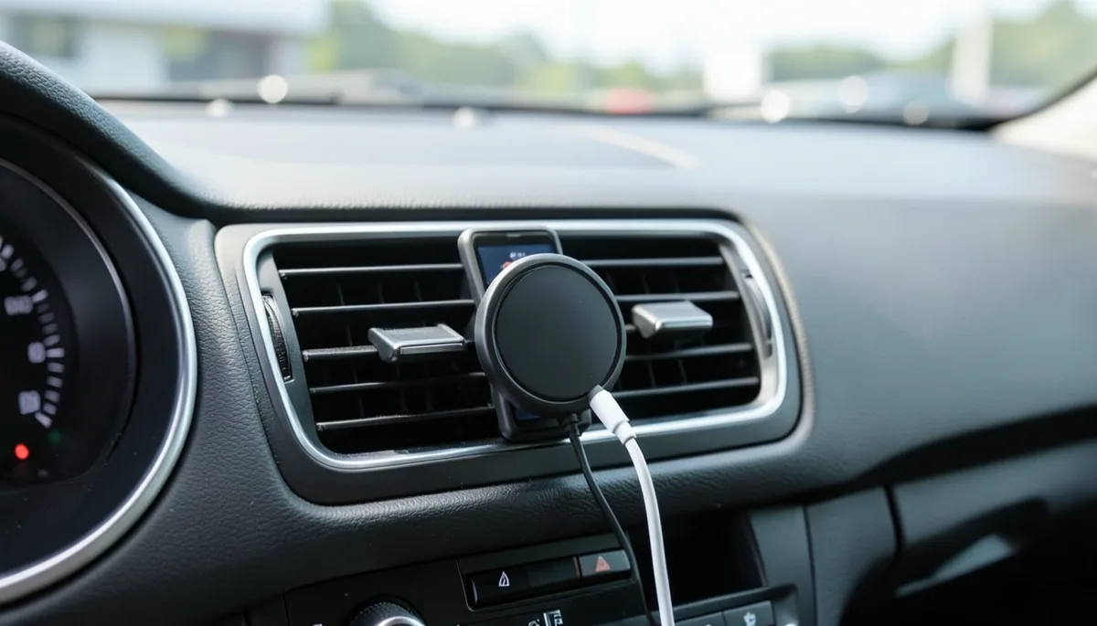 Magnetic phone mount on a car air vent with a charging cable running to a wireless charging pad