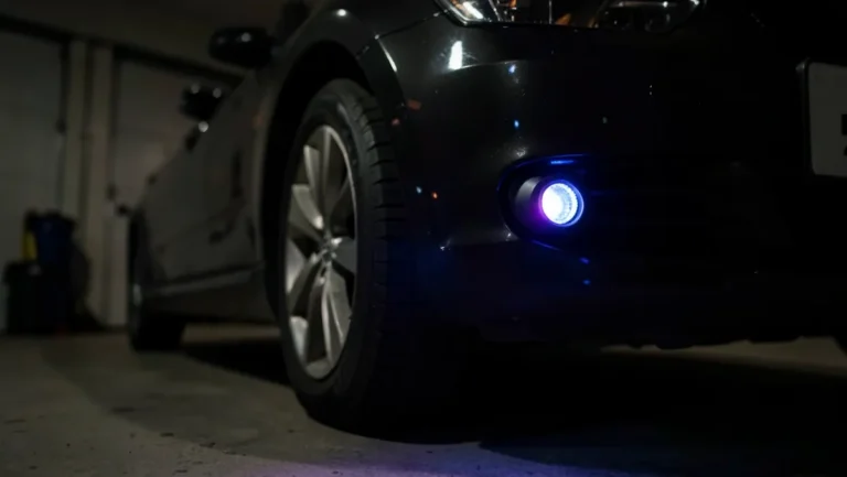 Wireless LED accent puck light glowing blue near a car front bumper at night