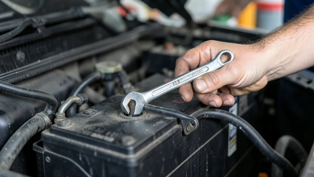 mechanic using a wrench to loosen a car battery negative terminal clamp