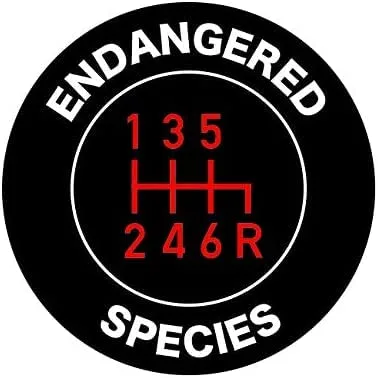 WSQ Stick Shift Endangered Species round vinyl sticker in red and black with a gear shift diagram