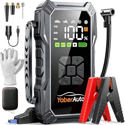 YaberAuto 10-in-1 jump starter with built-in air compressor, LCD display, insulated gloves, and jumper clamps