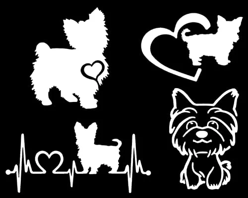 Slaced Yorkshire Terrier vinyl decal 4-pack showing silhouette, heartbeat, heart, and detailed Yorkie designs in white