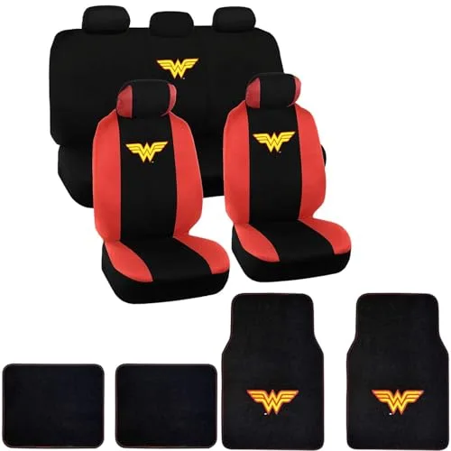 Yupbizauto Wonder Woman full seat cover and floor mat bundle with air freshener, front and rear seats, black and red DC Comics design