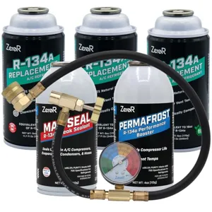 ZeroR Premium AC Repair and Recharge Kit with R-134a refrigerant cans, gauge, and charging hose