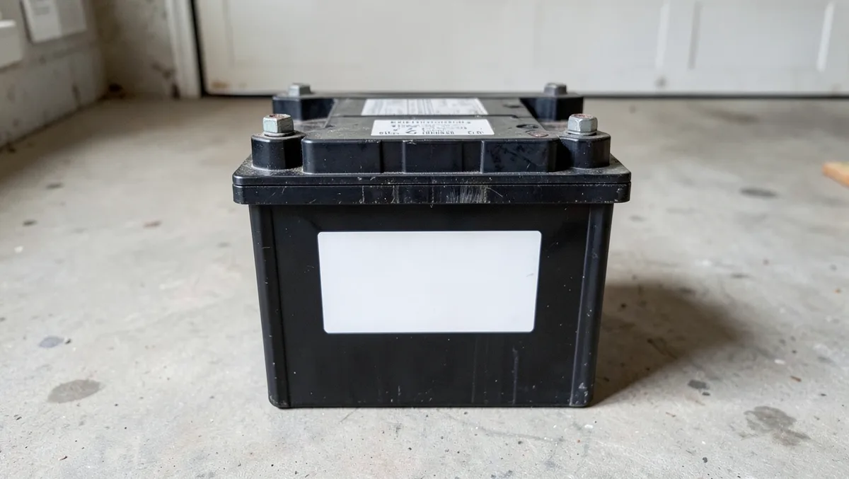 A 12-volt lead-acid car battery sitting on a garage floor showing its case and terminals