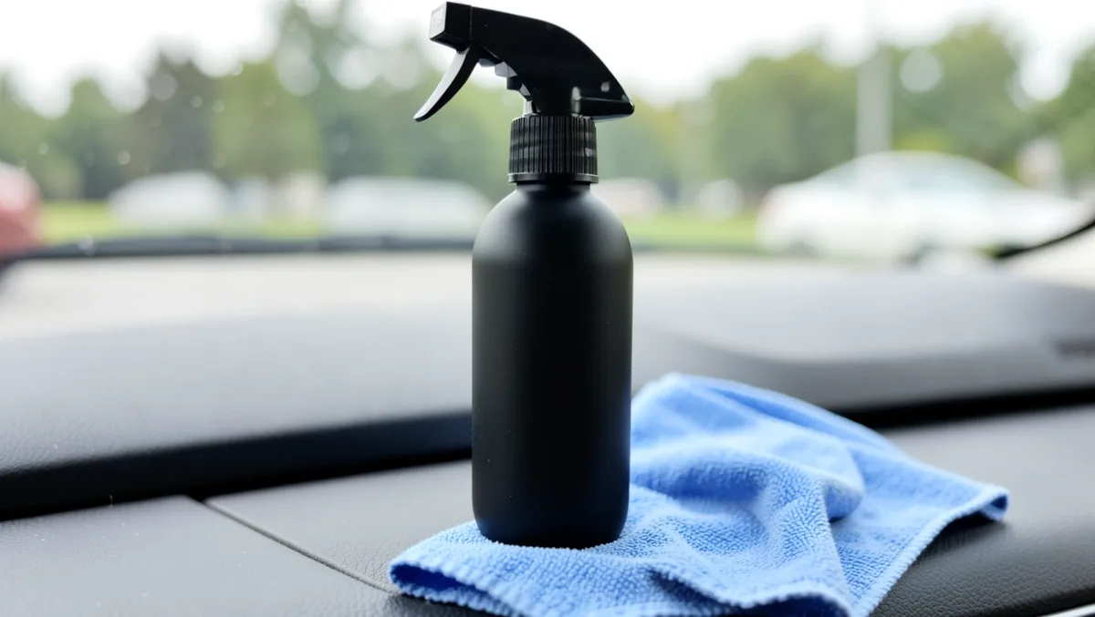 Anti-fog spray bottle and a folded microfiber cloth resting on a car dashboard
