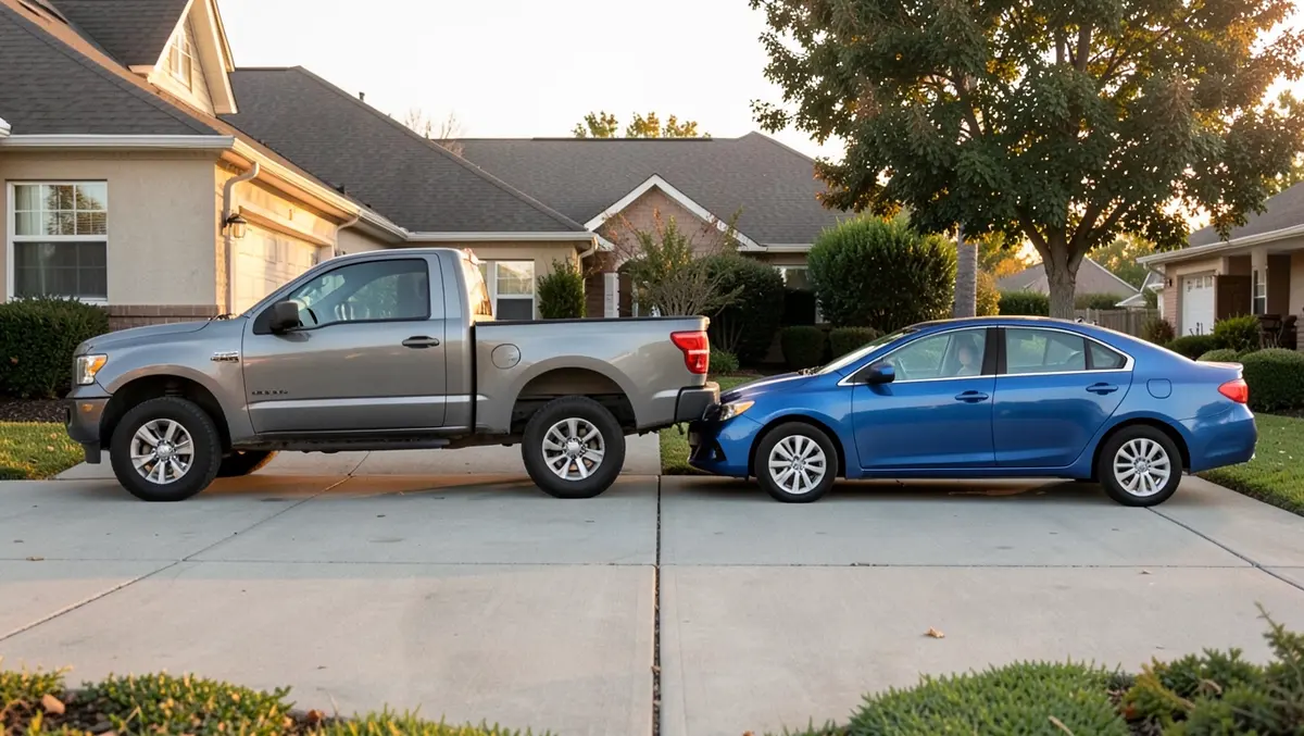 A pickup truck and a sedan parked side by side in a driveway, representing the trucks versus cars reliability comparison