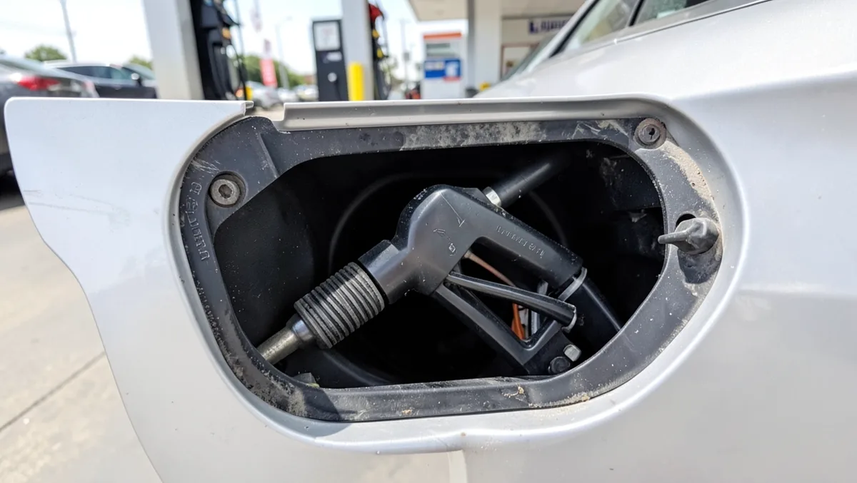 Fuel pump nozzle inserted into a sedan fuel filler door