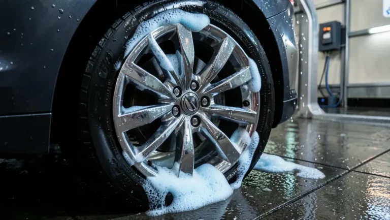 A car wheel and rim covered in soap foam inside an automatic car wash tunnel