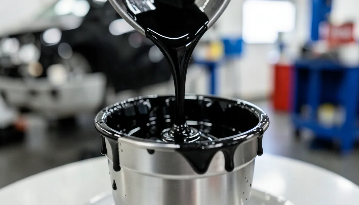 Black automotive basecoat paint being poured into a metal mixing cup for a car hood repaint