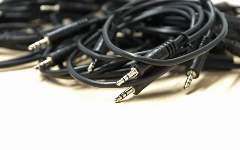 Close-up of a 3.5mm aux cable jack connector used for car audio
