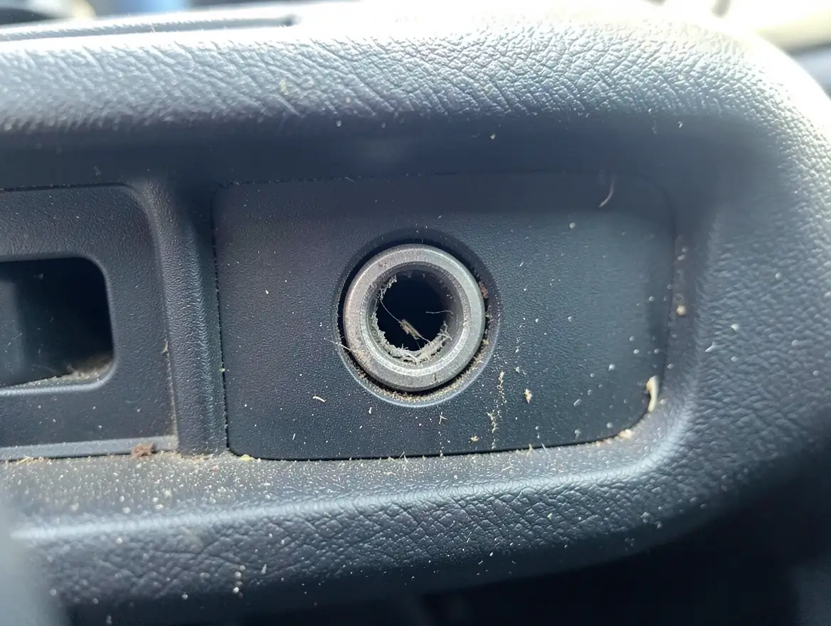 Close-up of a car dashboard aux input port with visible dust and lint buildup around the socket