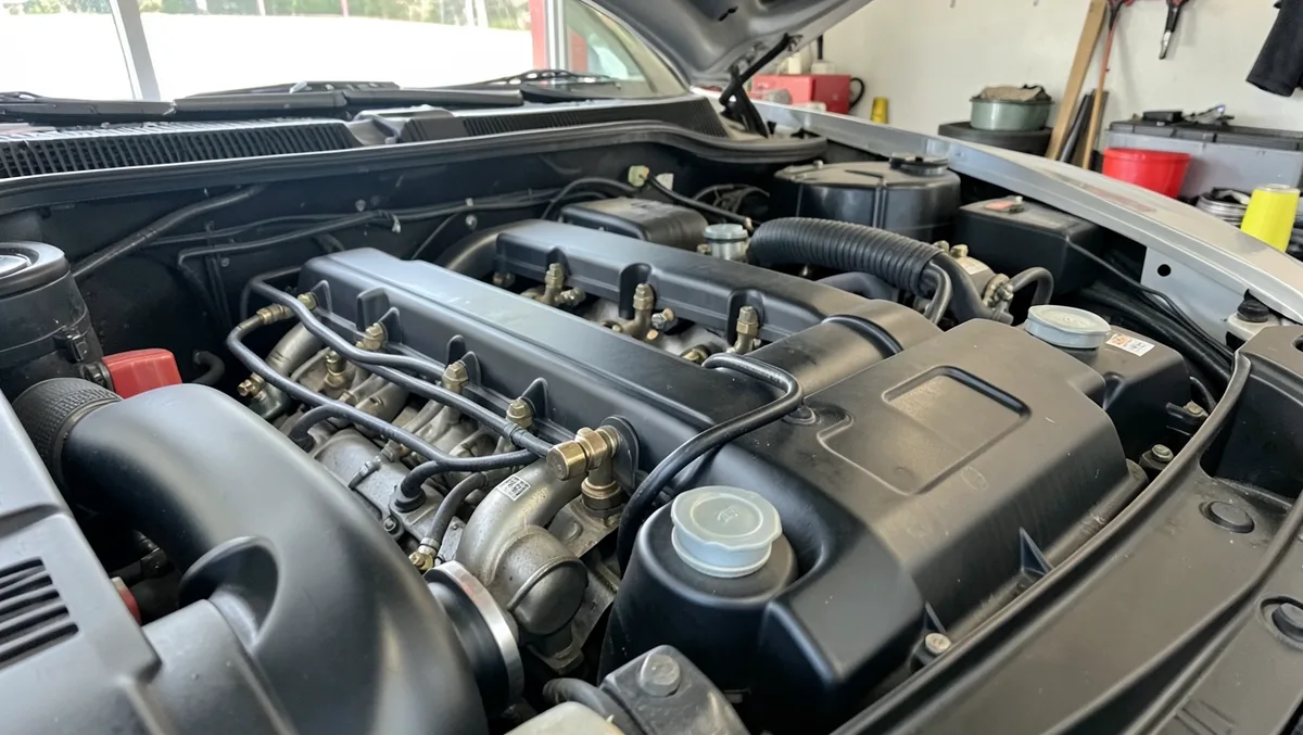 Car engine bay showing the fuel injector rail on the intake manifold