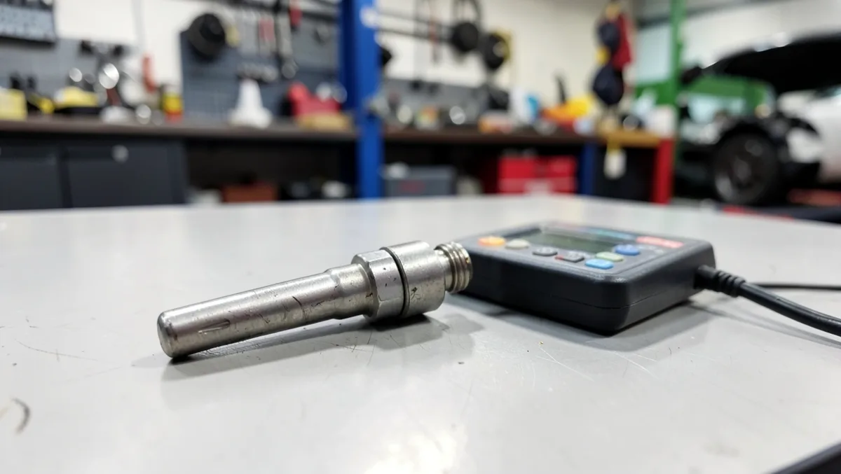 A removed fuel injector next to a multimeter used to test its resistance