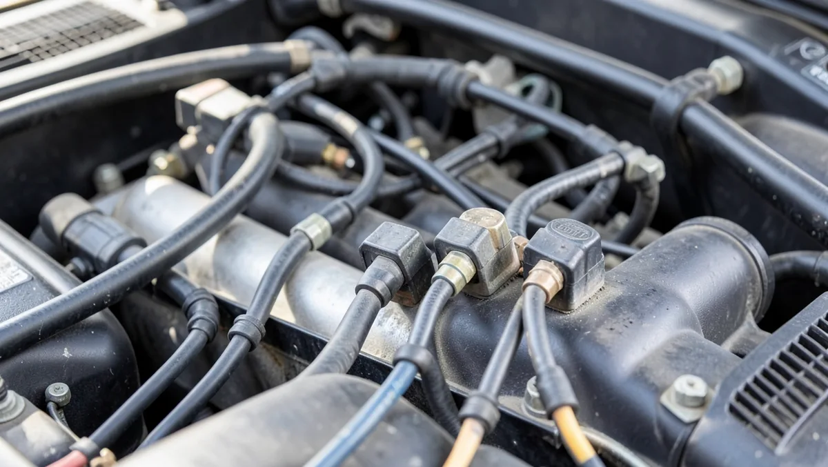 Fuel injector electrical connectors plugged into injectors on an engine