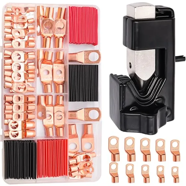 Battery cable hammer lug crimping tool with copper cable ends and heat shrink