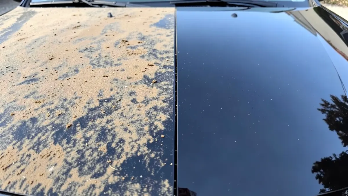 Split view of a car hood, one half covered in dust and grime and the other half polished glossy and clean, illustrating the kind of before-and-after photo that markets a detailing price