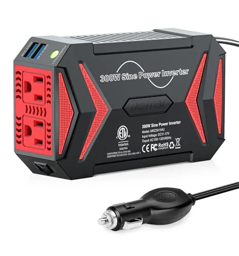 BESTEK 300W pure sine wave power inverter with dual AC outlets and USB ports