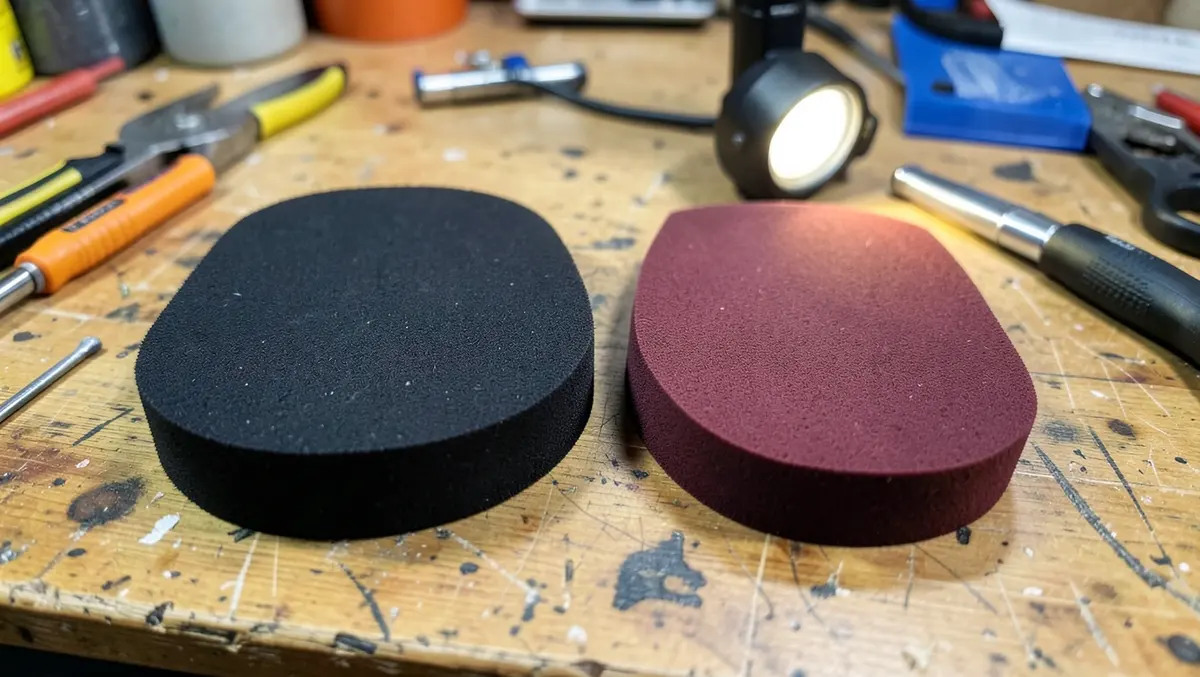 Black finishing foam pad next to a burgundy medium-cut foam pad with an LED inspection light nearby