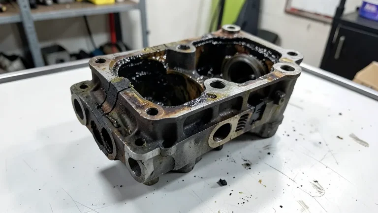 Severely damaged and cracked automotive engine block removed from a car, sitting on a workshop table
