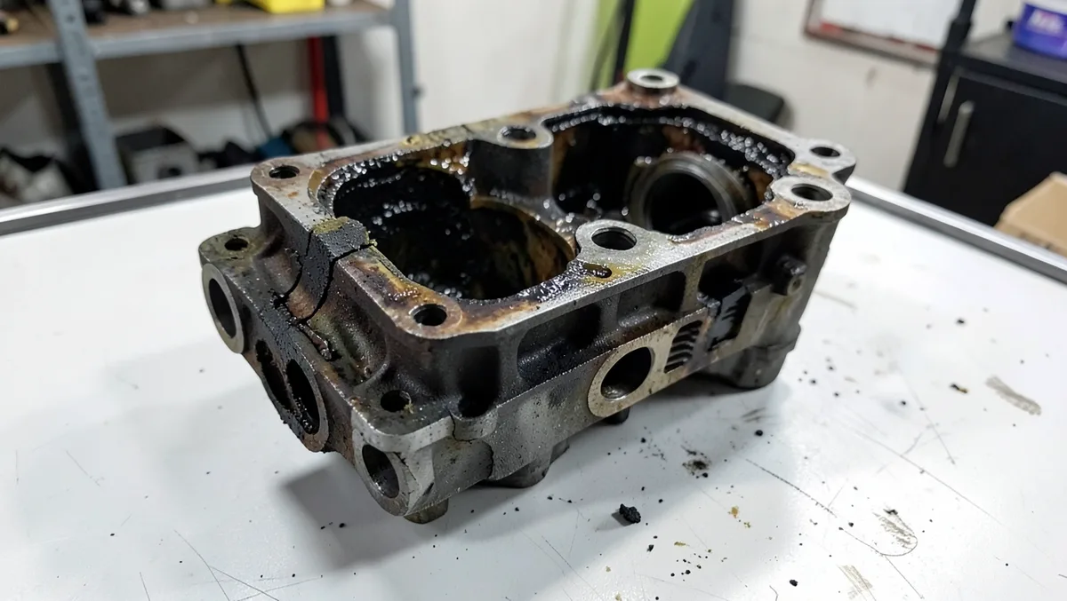 Severely damaged and cracked automotive engine block removed from a car, sitting on a workshop table