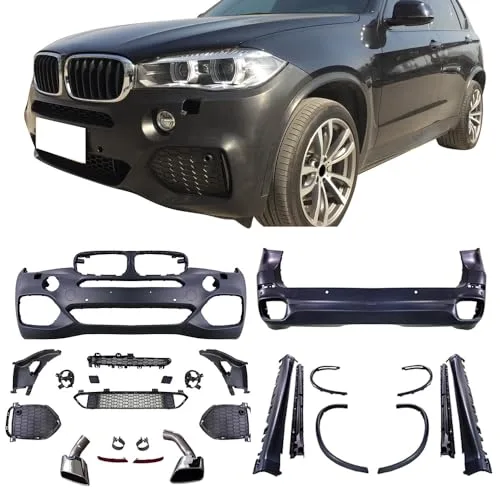 BMW X5 F15 full body kit conversion with front bumper, rear bumper, side skirts, and fender flares laid out