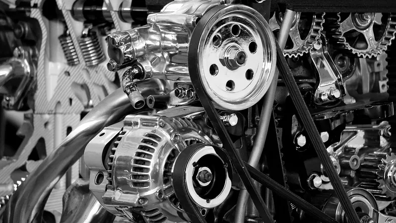 Accessory drive belt and pulleys on an engine