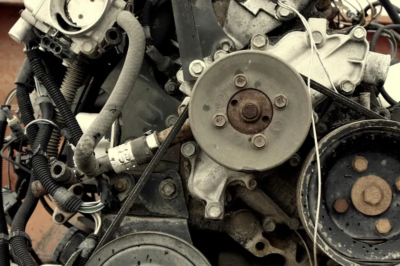 Engine pulleys and belt on a worn engine
