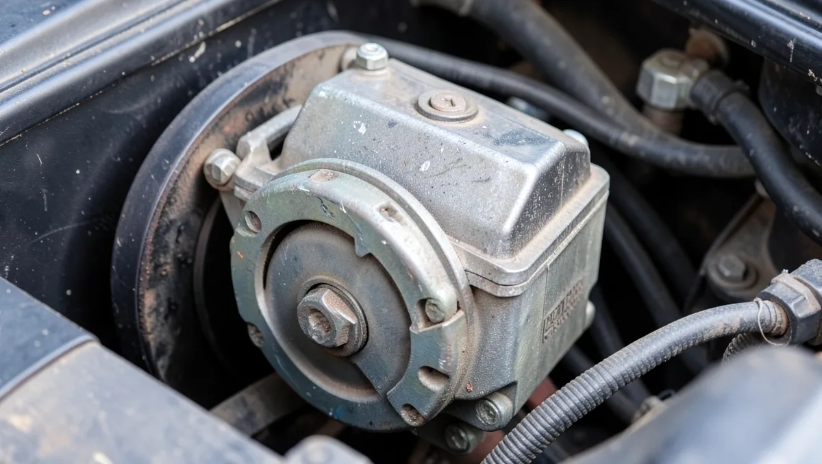 Car alternator with drive belt and pulley mounted in the engine bay, the component most often responsible when the battery light comes on