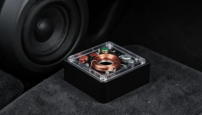 Black passive car audio crossover network sitting next to a door speaker on car carpet