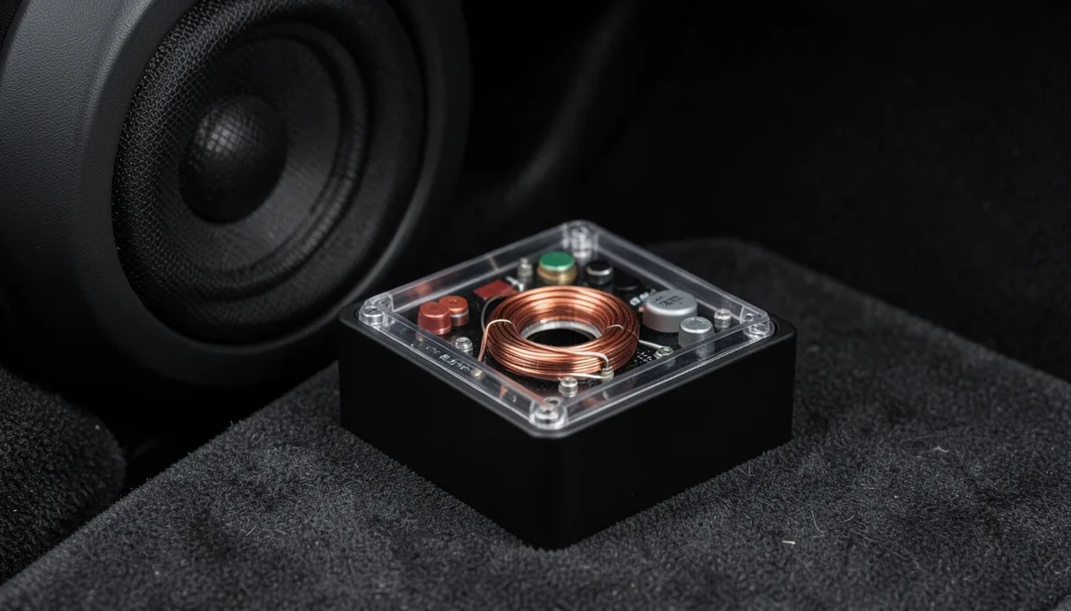 Black passive car audio crossover network sitting next to a door speaker on car carpet