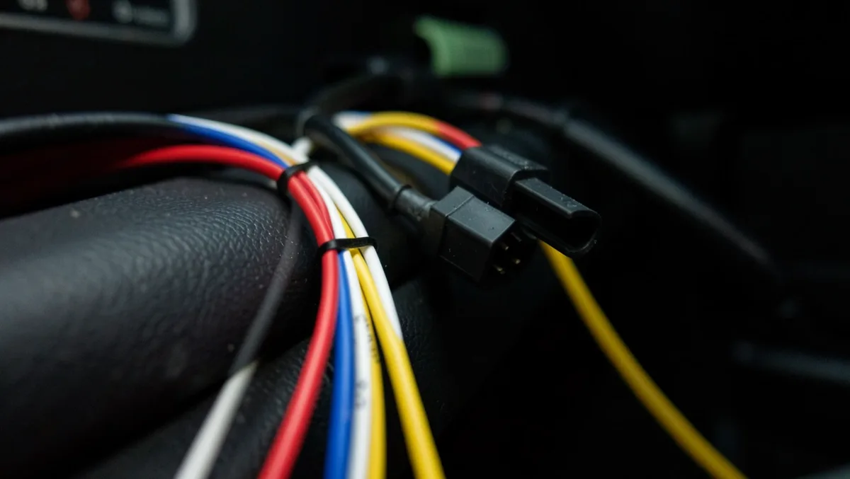 Color-coded RCA cables zip-tied along a car door sill during a crossover installation