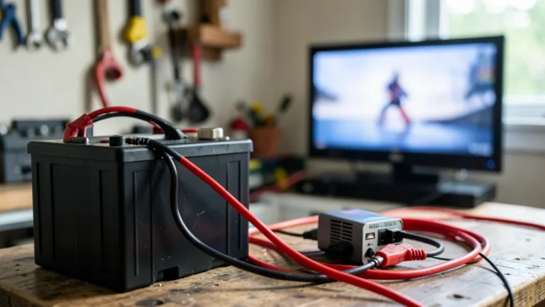 A car battery connected by jumper cables to a compact power inverter with a TV running in the background