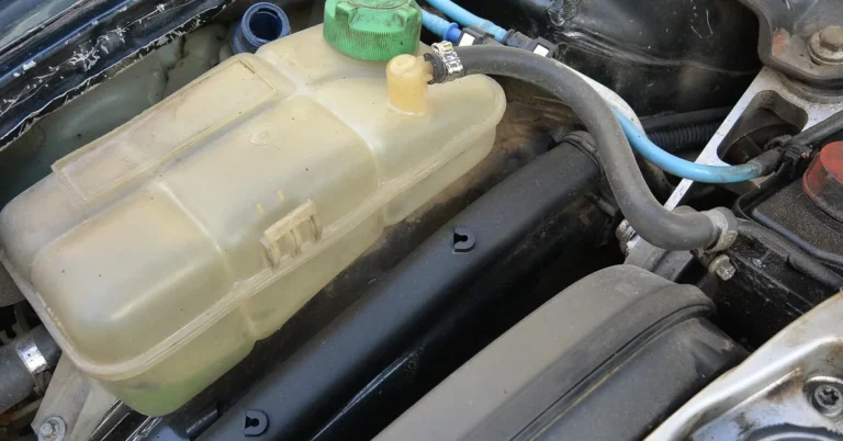 Translucent coolant expansion tank with a green cap under a car hood