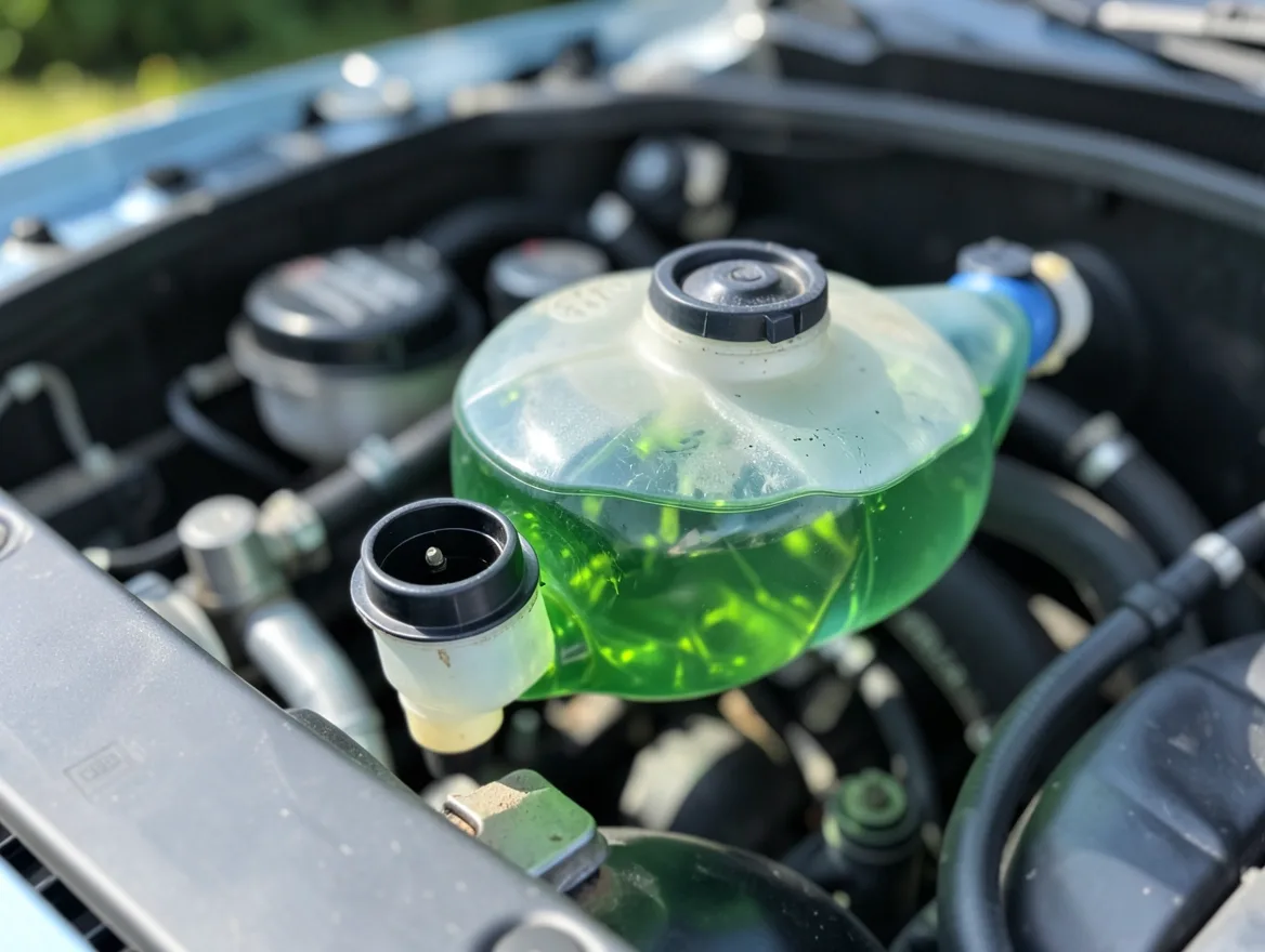 A translucent car coolant reservoir tank showing the green ethylene glycol coolant level