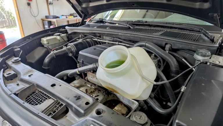 Car radiator filler neck and coolant overflow reservoir with old greenish coolant during a cooling system flush
