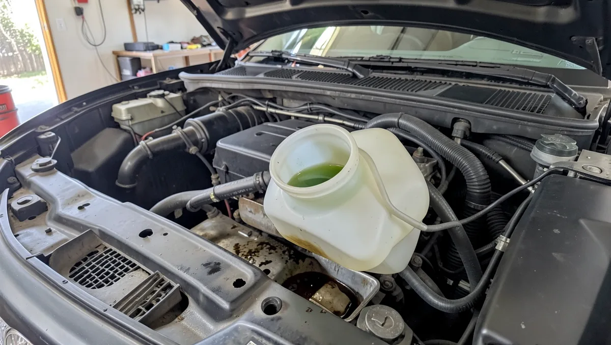 Car radiator filler neck and coolant overflow reservoir with old greenish coolant during a cooling system flush