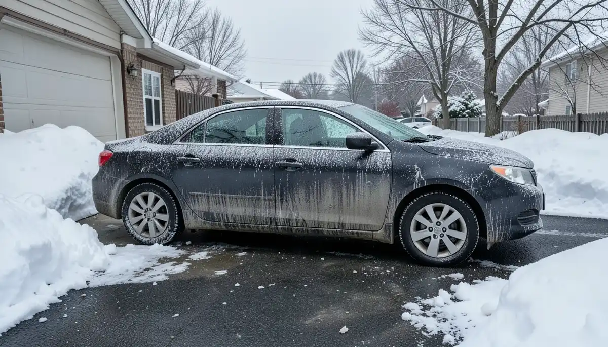 Dark sedan covered in dried white road salt residue parked in a snowy driveway