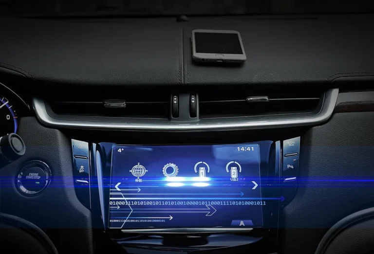 Car dashboard touchscreen with a phone resting on the dash