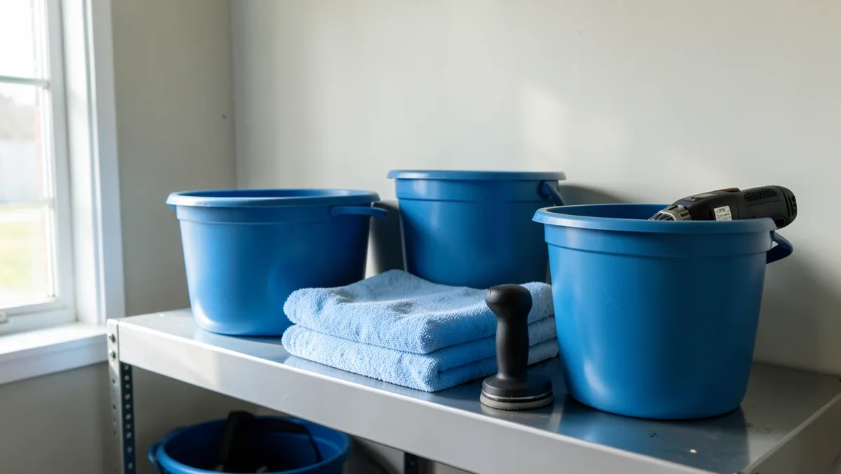Buckets, microfiber towels, and a cordless polisher organized on a garage shelf for a car detailing business