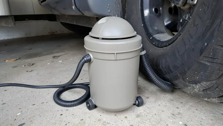 Portable wet/dry shop vacuum canister with hose parked beside an open car door for detailing