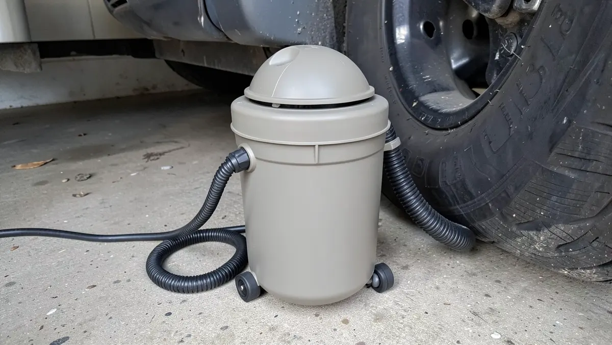 Portable wet/dry shop vacuum canister with hose parked beside an open car door for detailing