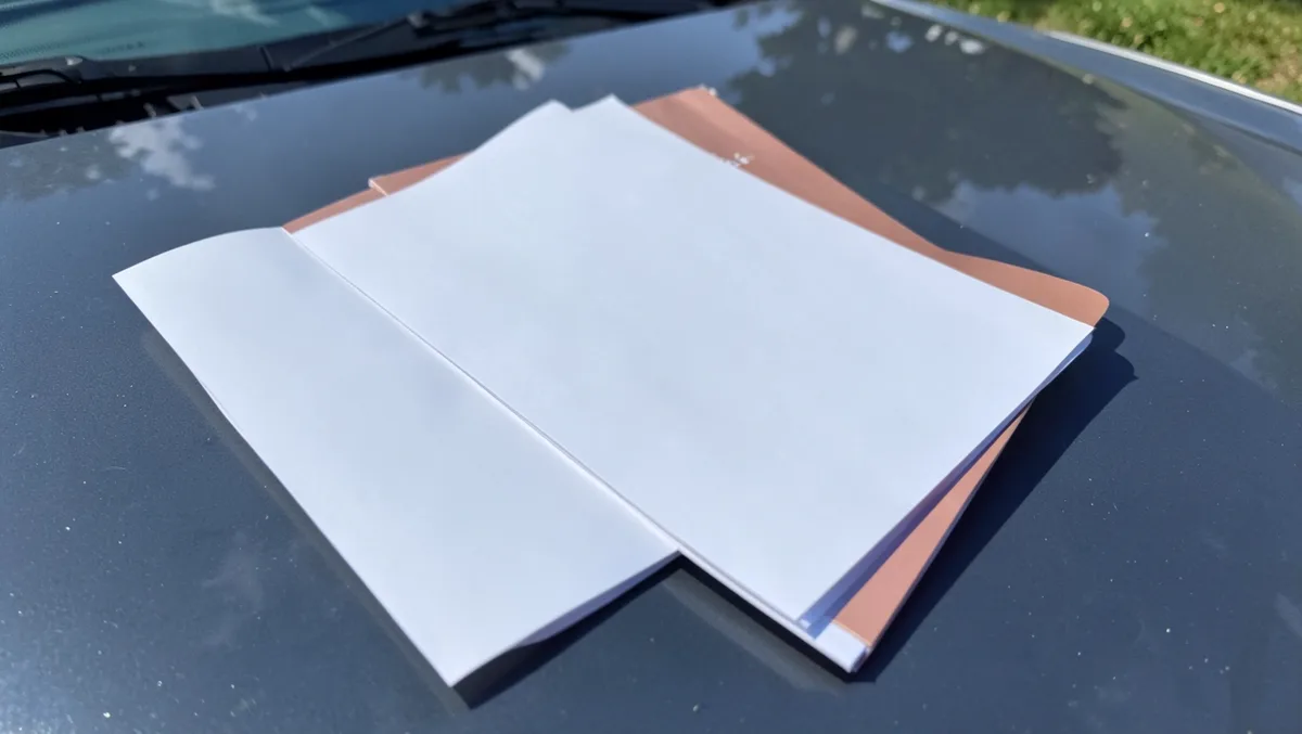 A folder and papers representing the title, registration, and release-of-liability paperwork needed to donate a car