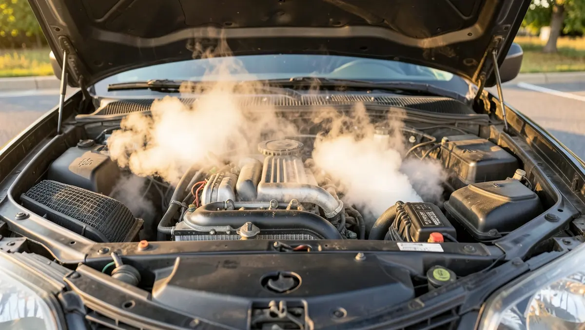 Steam rising from an open car engine bay, a sign of an overheating engine